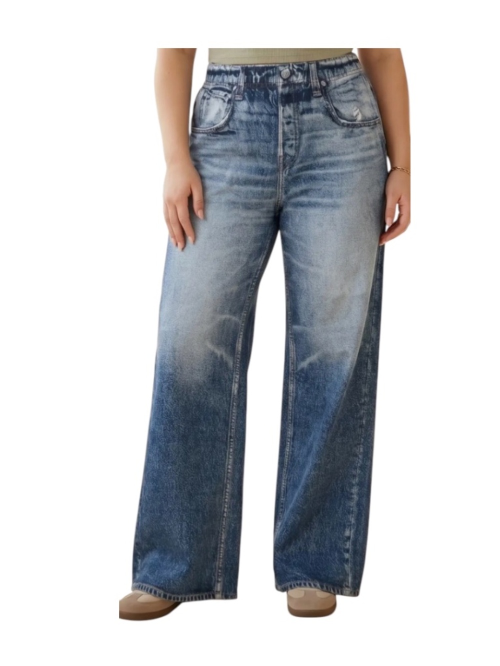 Wide Leg Denim Look Pull On Pants Soft Stretch Jeans